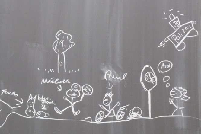 Die Neigungskursschüler skizzieren eine Begegnung im Wald