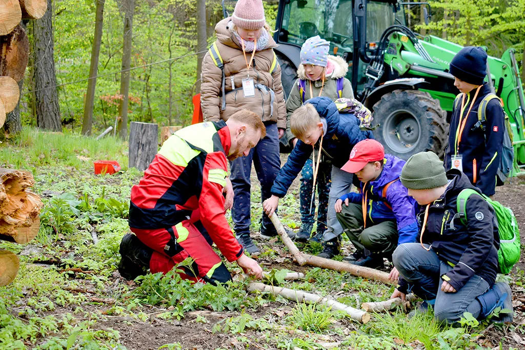 Michael Kaden zeigt der Gruppe im Modell, wie ein Holzpolter aufgebaut wird.