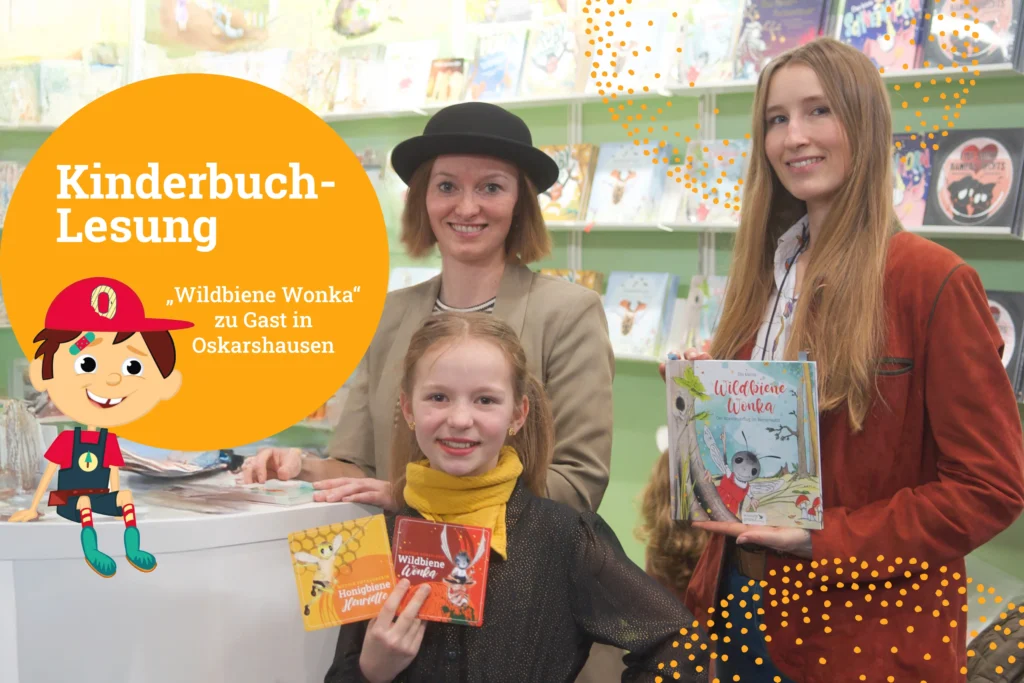 Anna-Karina Kemper, Maria Kühn und Lotta Kühn mit dem Kinderbuch „Die kleine Wildbiene Wonka“